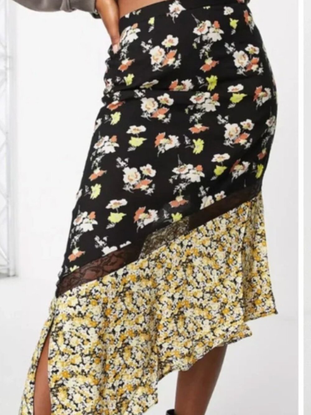 ASOS DESIGN Curve midi skirt with lace insert in spliced floral print